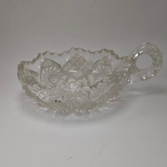 Vtg Clear Pressed Glass Handled Nappy Dish 5" Sawtooth Edge Starburst Pattern - Picture 3 of 6